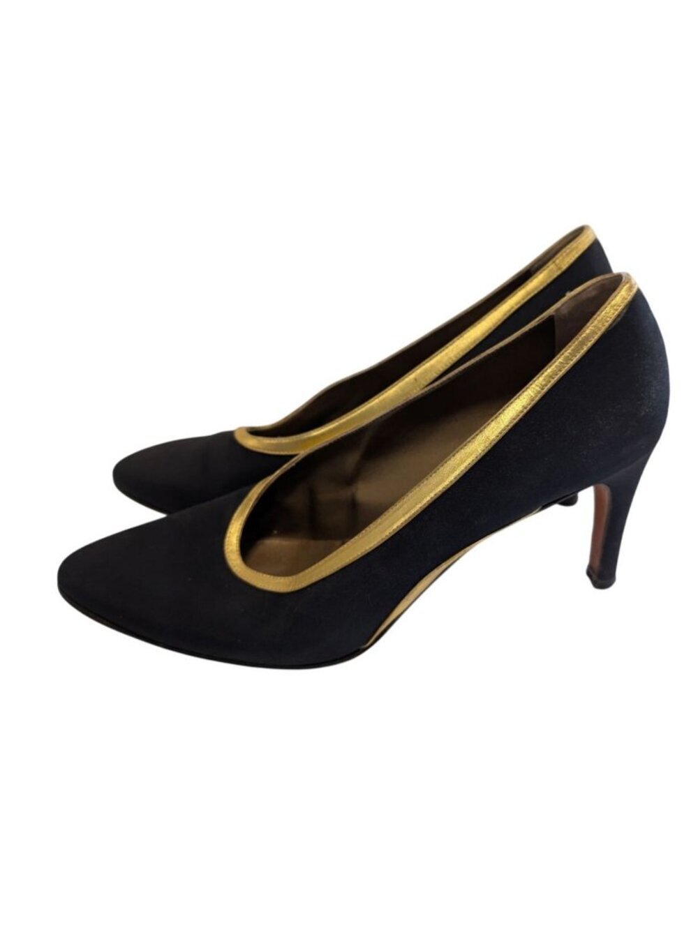 Vintage YSL Yves Saint Laurent Black Gold Metal Toe Heels Pumps Womens Size 8.5
